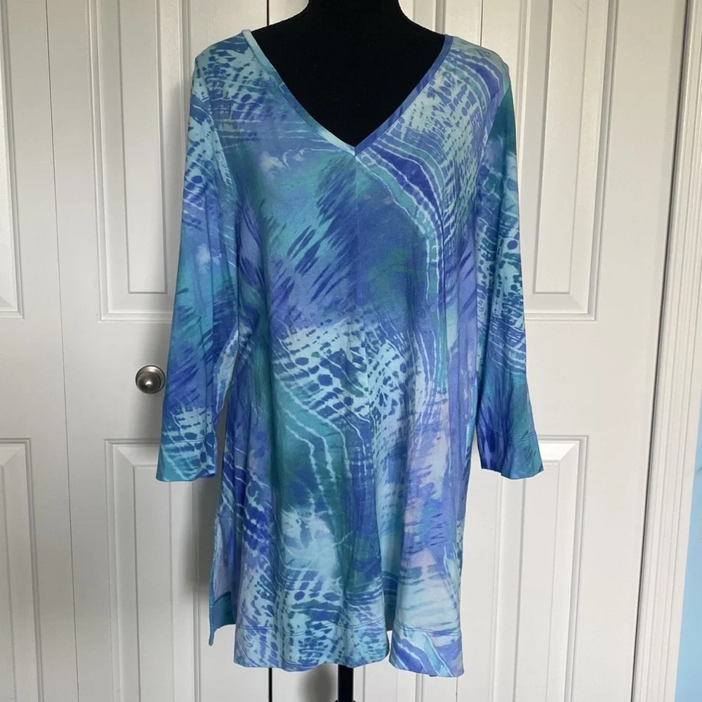 Chico’s 2 Large Blue Tie Dye Patterned Long Sleeve Shirt V-Neck Tunic Top - Picture 5 of 7